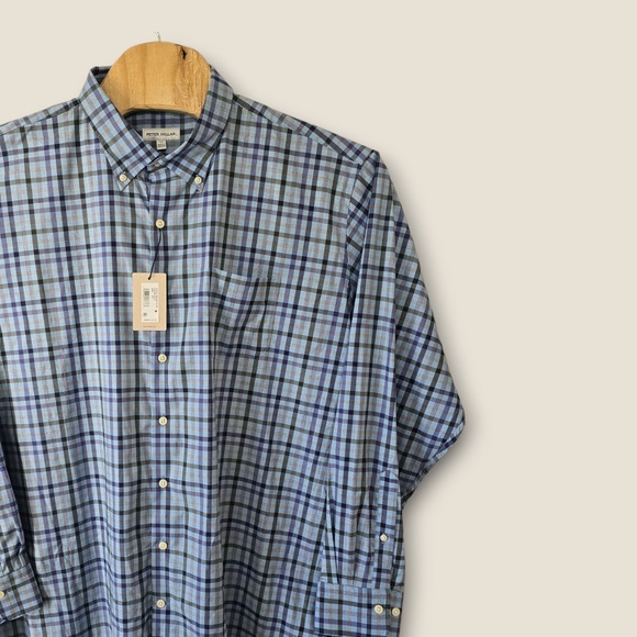 Peter Millar Men's XXL Blue Plaid Button Down Long Sleeve Casual New Dress Shirt